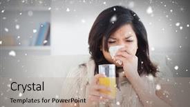  Presentation with sneezing - PPT theme with composite image of sneezing woman drinking a glass of orange juice against snow falling background and a coral colored foreground
