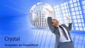  Presentation with stressed - Colorful presentation enhanced with composite image of stressed businessman with arms raised backdrop and a light blue colored foreground