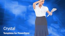  Presentation with classy - Audience pleasing PPT theme consisting of composite image of surprised classy businesswoman holding newspaper while posing backdrop and a teal colored foreground