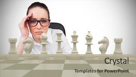  Presentation with chessboard - Theme with composite image of thinking businesswoman with chessboard background and a mint green colored foreground