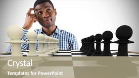  Presentation with chessboard - Slide set consisting of composite image of thinking casual businessman with chessboard background and a coral colored foreground