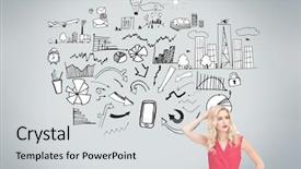  Presentation with economic - Slide deck enhanced with composite image of thoughtful woman in red dress posing with a hand in her hair in front of economic illustrations on grey background background and a light gray colored foreground