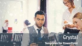 Presentation with people falling - Beautiful presentation featuring composite image of two business people ordering dinner against snow falling backdrop and a ocean colored foreground