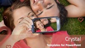  Presentation with valentines - Colorful slide deck enhanced with composite image of valentines couple taking a selfie backdrop and a coral colored foreground