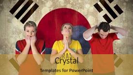  Presentation with korea flag - PPT theme with composite image of various football fans against korea republic flag in grunge effect background and a gold colored foreground