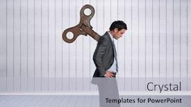  Presentation with wound - Beautiful PPT theme featuring composite image of wound up businessman with hands on hips against grey room backdrop and a light gray colored foreground