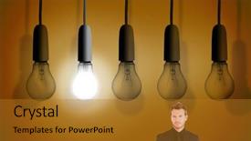  Presentation with light bulbs - Audience pleasing presentation design consisting of composite image of young businessman looking at the camera under huge light bulbs backdrop and a gold colored foreground