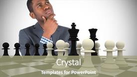  Presentation with chessboard - Presentation theme consisting of composite image of young businessman thinking with chessboard background and a mint green colored foreground
