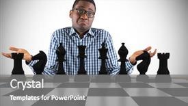  Presentation with chessboard - Presentation design having composite image of young businessman shrugging shoulders with chessboard background and a gray colored foreground