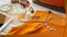  Presentation with look - Presentation enhanced with orange decorated - bright fashion look on wooden background and a gold colored foreground