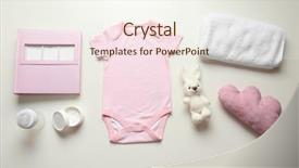  Presentation with baby toy - Slides having composition of bodysuit crochet toy pillow and baby care accessories isolated on white background and a sky blue colored foreground