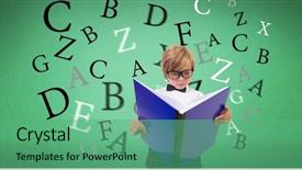  Presentation with digital book - Audience pleasing PPT theme consisting of composite of boy reading book backdrop and a seafoam green colored foreground