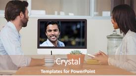  Presentation with video conferencing - PPT theme featuring composite of business people video background and a coral colored foreground