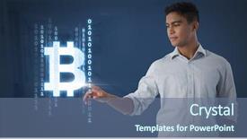  Presentation with hand touching finger digital - Colorful slides enhanced with composite of businessman touching bit backdrop and a  colored foreground