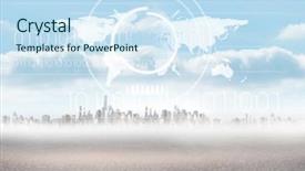  Presentation with showing world map for shipping - Cool new PPT layouts with composite of city with world backdrop and a sky blue colored foreground