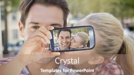 Presentation with selfie - Colorful PPT theme enhanced with composite of couple taking selfie on smartphone backdrop and a coral colored foreground