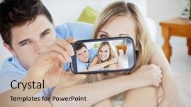  Presentation with selfie - PPT theme having composite of couple taking selfie on smartphone background and a soft green colored foreground