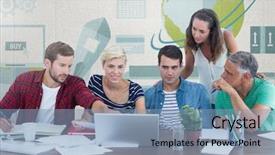  Presentation with group of people - Amazing PPT theme having composite of group of people backdrop and a teal colored foreground