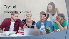  Presentation with front desk - PPT theme with composite of group of people background and a light gray colored foreground