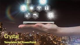  Presentation with digital - Theme featuring composite of hand holding phone background and a tawny brown colored foreground