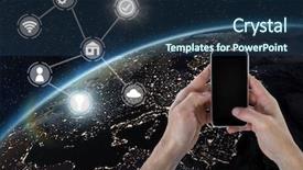  Presentation with hand holding earth - Theme having composite of hand holding phone background and a ocean colored foreground