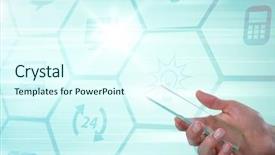 Presentation with composite - Audience pleasing PPT layouts consisting of composite of hand with mobile backdrop and a cool aqua colored foreground