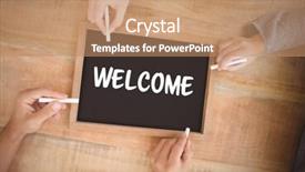  Presentation with blackboard english text welcome - PPT theme enhanced with composite of hands writing welcome background and a coral colored foreground