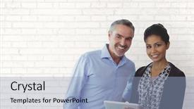  Presentation with using digital tablet - Presentation theme enhanced with composite of happy business people background and a light blue colored foreground