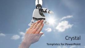  Presentation with robot - Amazing PPT theme having composite of human and robot backdrop and a light blue colored foreground