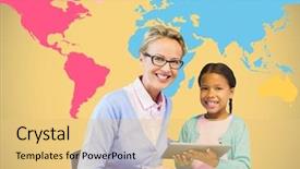  Presentation with world map - Presentation theme consisting of composite of kid and teacher background and a yellow colored foreground