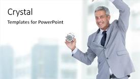  Presentation with clock - Presentation design consisting of composite of man holding clock background and a  colored foreground