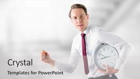  Presentation with clock - Beautiful slide deck featuring composite of man holding clock backdrop and a light gray colored foreground