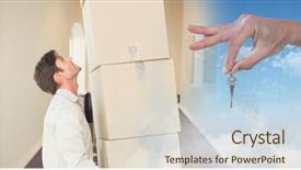  Presentation with new home - Cool new PPT theme with composite of people moving box backdrop and a  colored foreground