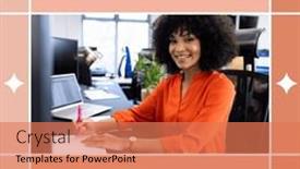  Presentation with woman office desk - Slide deck having composite-of-smiling-biracial-woman background and a coral colored foreground