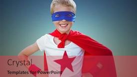  Presentation with hip - PPT layouts having composite of smiling kid wearing red cape and blue mask standing with hand on hip against clear sky background and a red colored foreground