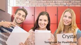  Presentation with exam - Presentation consisting of composite of students holding exam background and a coral colored foreground