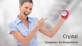  Presentation with clock - Audience pleasing presentation theme consisting of composite of woman holding clock backdrop and a  colored foreground
