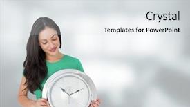  Presentation with clock - Presentation design featuring composite of woman holding clock background and a light gray colored foreground