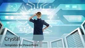  Presentation with information technology - Audience pleasing slide deck consisting of composite of woman with computer backdrop and a light blue colored foreground