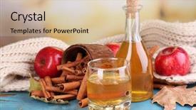  Presentation with cider - Amazing presentation theme having composition of apple cider with cinnamon sticks fresh red apples warm scarf and autumn leaves on wooden table on bright background backdrop and a lemonade colored foreground