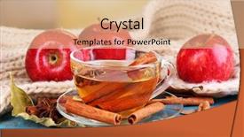 Presentation with cider - Cool new presentation theme with composition of apple cider with cinnamon sticks fresh red apples warm scarf and autumn leaves on wooden table on bright background backdrop and a lemonade colored foreground