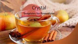  Presentation with cider - Theme consisting of composition of apple cider with cinnamon sticks fresh apples warm scarf and autumn leaves on wooden background background and a coral colored foreground