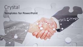  Presentation with shaking hands - Colorful theme enhanced with composition-of-businessman-and-businesswoman backdrop and a light gray colored foreground