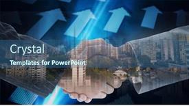  Presentation with shaking hands - Colorful presentation design enhanced with composition-of-businessmen-shaking-hands backdrop and a ocean colored foreground