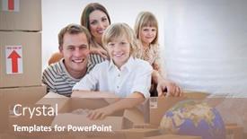  Presentation with happy image - PPT layouts having composition-of-cardboard-boxes background and a coral colored foreground