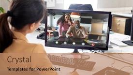  Presentation with data processing - PPT theme having composition-of-caucasian-businesswoman-having background and a coral colored foreground