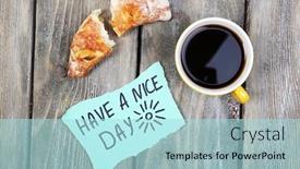  Presentation with croissant - Beautiful presentation featuring composition of coffee fresh croissant and paper card on wooden background backdrop and a arctic colored foreground