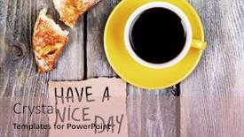  Presentation with croissant - Slide deck consisting of composition of coffee fresh croissant and paper card on wooden background background and a coral colored foreground