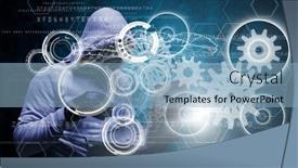  Presentation with global laptop - Beautiful presentation design featuring composition-of-cogs-scopes-scanning backdrop and a light blue colored foreground