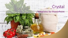  Presentation with olive oil bottle - Beautiful PPT theme featuring composition of colorful pasta fresh tomatoes basil olive oil in bottle on wooden background backdrop and a sky blue colored foreground